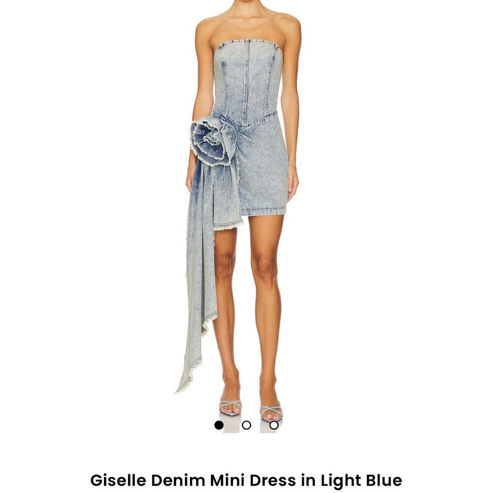 Elliatt Giselle Light Blue Strapless Denim Dress with Rosette Fringe